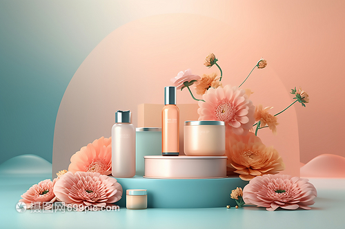 藍色展臺上的護膚品數字藝術 科技與美學的交融